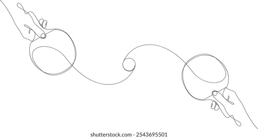 Ping pong concept. Table tennis rackets in human hands and ball drawn by one continuous line. Minimalist style sports illustration. Vector graphics.