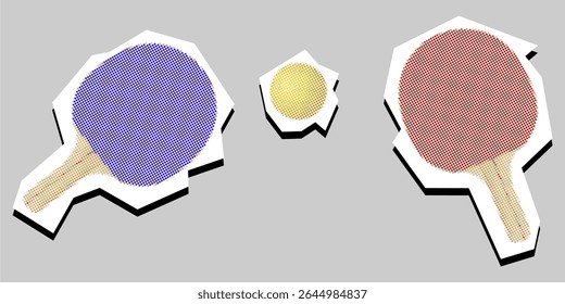 Ping pong dotted collage element in a torn paper vector, created with pointillism. A dynamic, artistic depiction for sports themes, table tennis, active play, or recreational fun.
