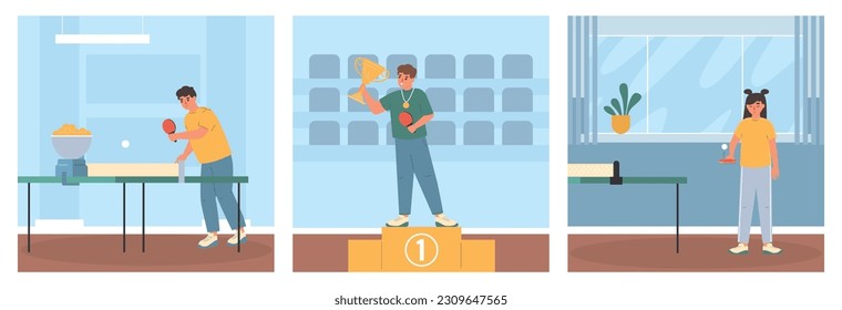Ping pong flat concept set with people playing table tennis isolated vector illustration