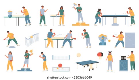 Ping pong flat icons set with people playing table tennis isolated vector illustration