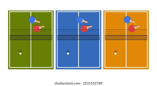 Ping Pong game flat design. Ping Pong table tennis set displaying paddles and ball lying on top.