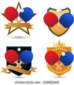 Ping pong Gold Emblem with rackets and ball crown star shape vector illustration.