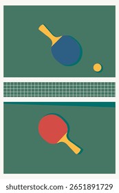 Ping pong, green table tennis table, table tennis rackets, tennis net, tennis ball, competition