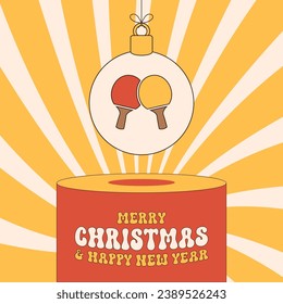 ping pong groovy Christmas bauble pedestal. Merry Christmas groovy sport greeting card. Hang on a thread xmas ball on podium. Sport Trendy Vector illustration.