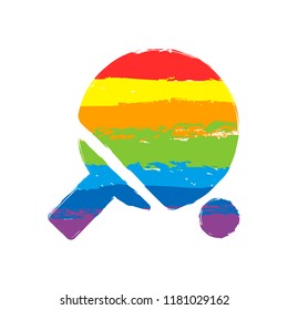 Ping pong icon. Drawing sign with LGBT style, seven colors of rainbow (red, orange, yellow, green, blue, indigo, violet