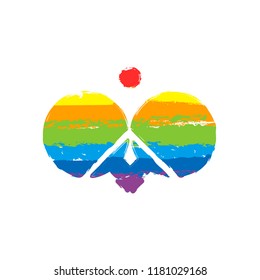 Ping pong icon. Drawing sign with LGBT style, seven colors of rainbow (red, orange, yellow, green, blue, indigo, violet