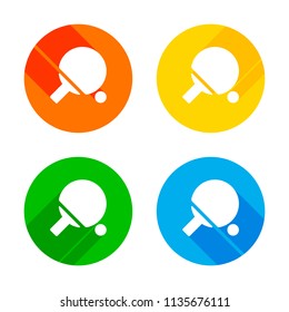 Ping pong icon. Flat white icon on colored circles background. Four different long shadows in each corners