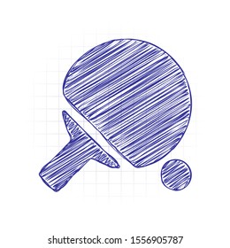 Ping pong icon. Hand drawn sketched picture with scribble fill. Blue ink. Doodle on white background