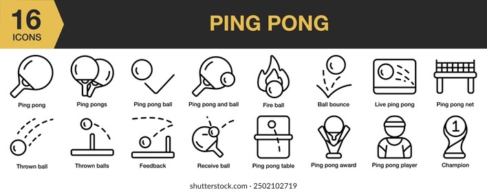 Ping Pong icon set. Includes ball bounce, champion, ping pong net, ping pong table, and More. Outline icons vector collection.