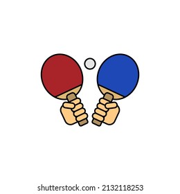 Ping pong icon. Two hand holding rackets for table tennis with ball. Sport game theme. Vector illustration on white background. 