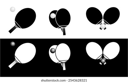 Ping pong icon with various variations. Vector illustration of racket and ball isolated on white and black background.