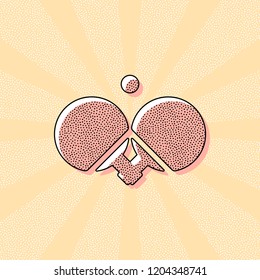 Ping pong icon. Vintage retro typography with offset printing effect. Dots poster with comics pop art background