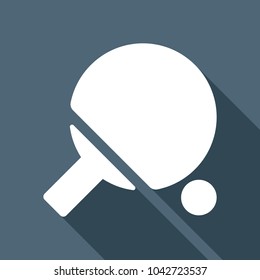 Ping pong icon. White flat icon with long shadow on background