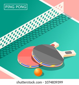 Ping pong isometric background with sports equipment including table, rackets with ball and net vector illustration