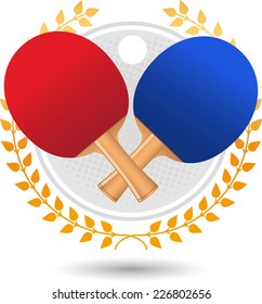 Ping pong laurel wreath with red and blue rackets and white ball vector illustration.