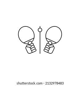 Ping pong line icon. Two hand holding rackets for table tennis with ball. Sport game theme. Outline vector illustration on white background. 