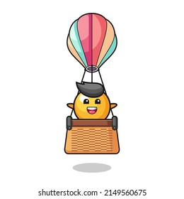 ping pong mascot riding a hot air balloon , cute design