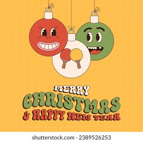 ping pong Merry Christmas and Happy New Year groovy Sports greeting card. Hanging ball as a groovy Christmas ball on vibrant background. Vector illustration..