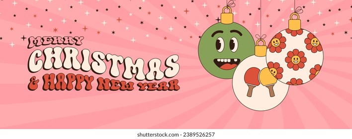 ping pong Merry Christmas and Happy New Year groovy Sports greeting card. Hanging ball as a groovy Christmas ball on vibrant background. Vector illustration..