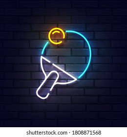 Ping Pong neon sign. Glowing neon light signboard of Table tennis. Sign of ping pong with colorful neon lights isolated on brick wall. Vector illustration