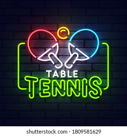 Ping Pong neon sign. Glowing neon light signboard of Table tennis. Sign of ping pong with colorful neon lights isolated on brick wall. Vector illustration