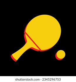 Ping pong paddle with ball. 3D Extruded Yellow Icon with Red Sides a Black background. Illustration.