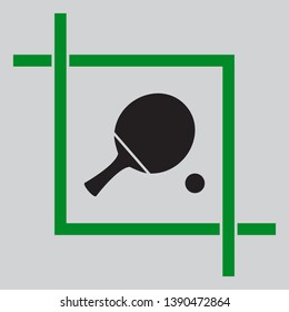 Ping pong paddle with ball. Black icon inside green crop tool at light gray background