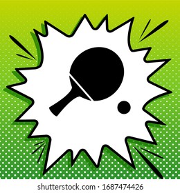 Ping pong paddle with ball. Black Icon on white popart Splash at green background with white spots. Illustration.