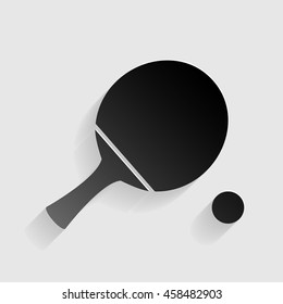 Ping pong paddle with ball. Black paper with shadow on gray background.