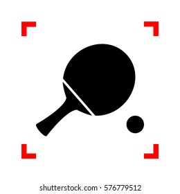 Ping pong paddle with ball. Black icon in focus corners on white background. Isolated.
