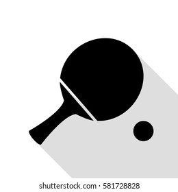 Ping pong paddle with ball. Black icon with flat style shadow path.
