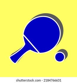 Ping pong paddle with ball. Blue Icon with white stroke in 3d at yellow Background. Illustration.