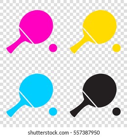 Ping pong paddle with ball. CMYK icons on transparent background. Cyan, magenta, yellow, key, black.