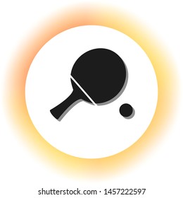 Ping pong paddle with ball. Dark icon with shadow on the glowing circle button. Illustration.