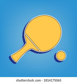Ping pong paddle with ball. Golden Icon with White Contour at light blue Background. Illustration.