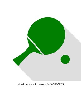 Ping pong paddle with ball. Green icon with flat style shadow path.