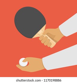 Ping pong paddle and ball in human hands. Flat style. Racket for playing table tennis isolated on background. Sports equipment concept. Vector illustration EPS 10. 