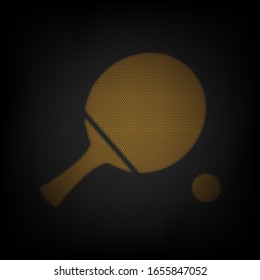 Ping pong paddle with ball. Icon as grid of small orange light bulb in darkness. Illustration.