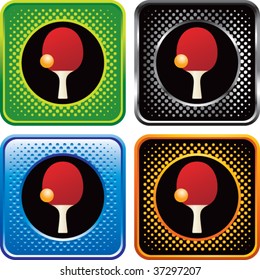 ping pong paddle and ball on multicolored halftone web buttons