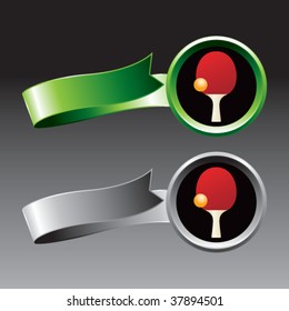 ping pong paddle and ball on green and silver ribbons