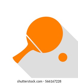 Ping pong paddle with ball. Orange icon with flat style shadow path.