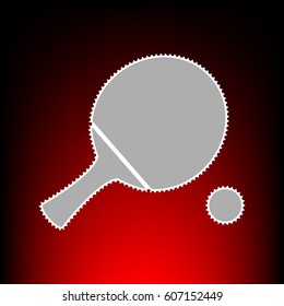 Ping pong paddle with ball. Postage stam or old photo style on red-black gradient background.