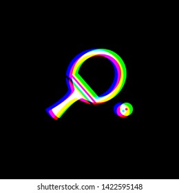 Ping pong paddle with ball. Red, green and blue unfocused contour icon at black background. Illustration.