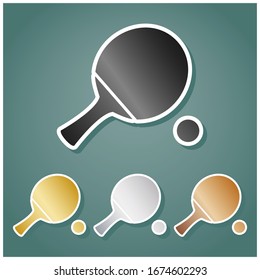 Ping pong paddle with ball. Set of metallic Icons with gray, gold, silver and bronze gradient with white contour and shadow at viridan background. Illustration.