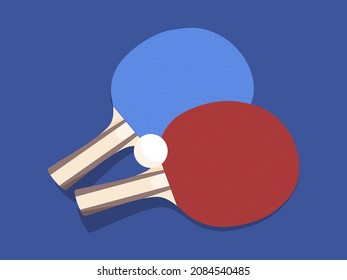 Ilustración del conjunto de pattle Ping pong. Raqueta roja y azul sobre una mesa azul. Vector.