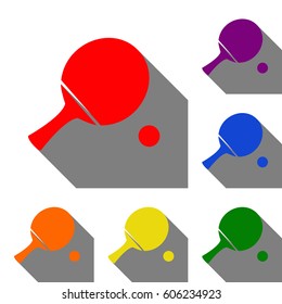 Ping pong paddle with ball. Set of red, orange, yellow, green, blue and violet icons at white background with flat shadow.