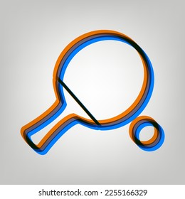 Ping pong paddle with ball. Stroked Icon in orange, azure and old lavender Colors at gray Background. Illustration.