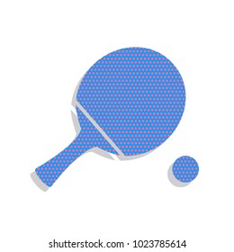Ping pong paddle with ball. Vector. Neon blue icon with cyclamen polka dots pattern with light gray shadow on white background. Isolated.