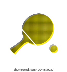 Ping pong paddle with ball. Vector. Yellow icon with square pattern duplicate at white background. Isolated.