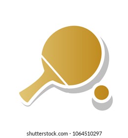 Ping pong paddle with ball. Vector. Golden gradient icon with white contour and rotated gray shadow at white background.